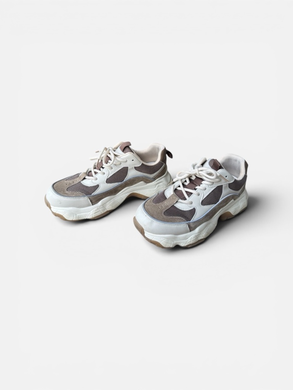 Chunky Lace-Up Sneakers in White and Taupe